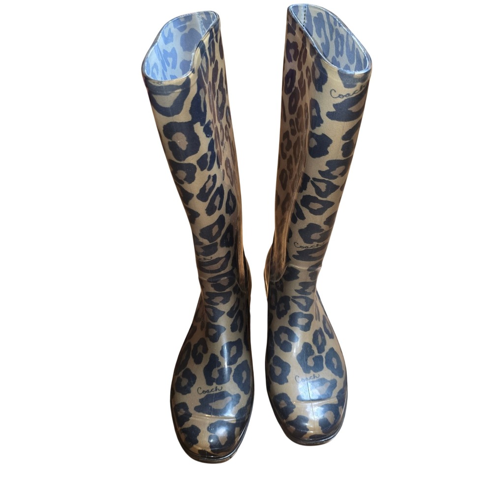 Coach Rain Boots Women 7 Leopard Print Brown Tristee‎ Tall Rubber Lug